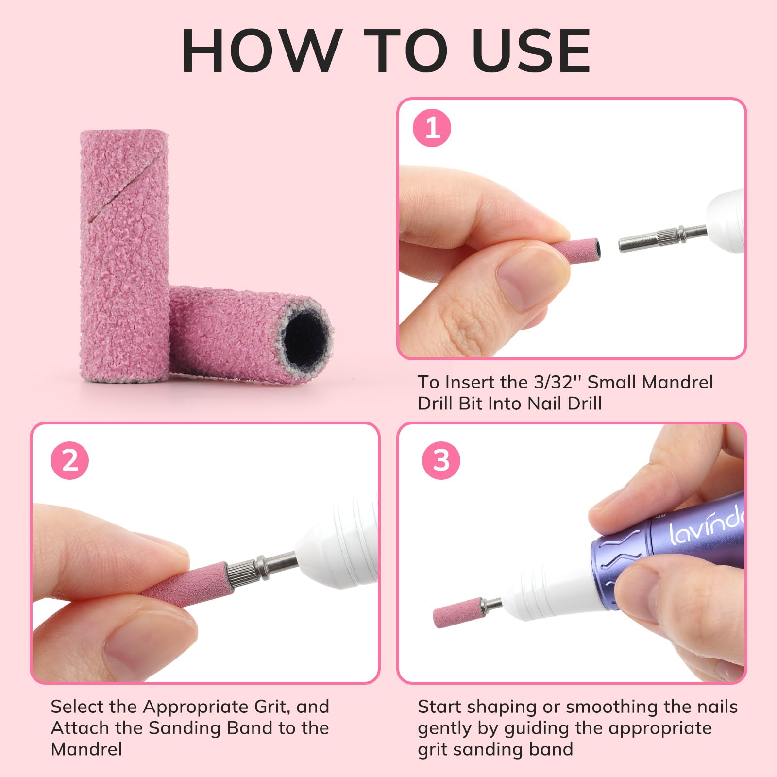 Lavinda 80 Piece Small Sanding Bands Nail Drill Bit, Fine Sanding Bands for Nail Drill with 3.1mm Mandrel Bit for Acrylic Nails Gel Removing Shaping Polishing Nail Salon Use (180 Grit, Pink)